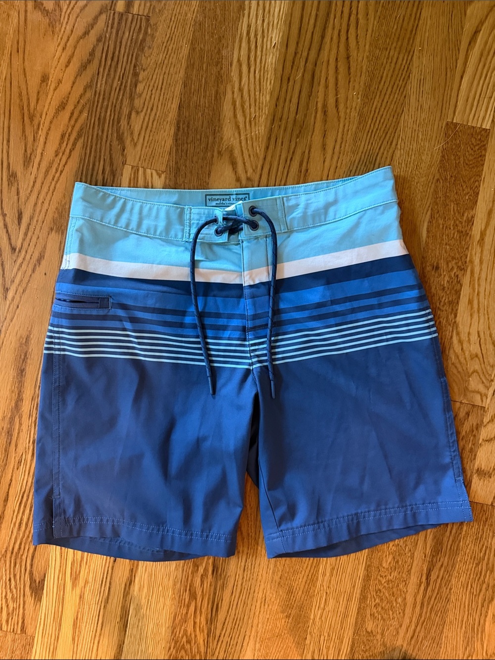 Vineyard Vines Light Blue and Navy Striped Men’s Swim Board Shorts